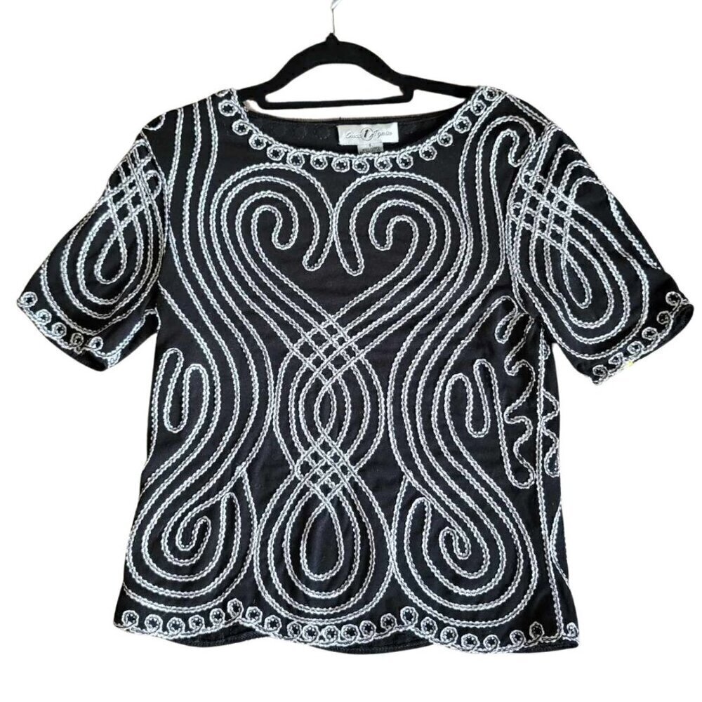 Once 1 Again Dressy beautiful black top with silver swirl trim design